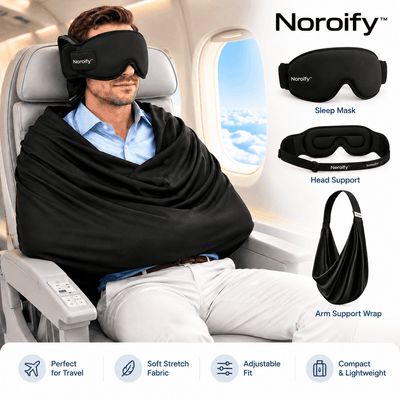 Man wearing black sleep mask with eye contour coverage on airplane seat, demonstrating travel sleep aid for comfort
