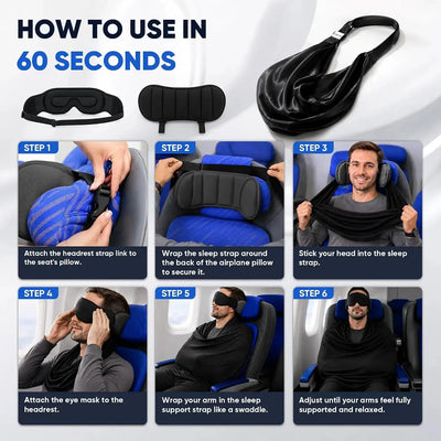Woman relaxing on an airplane with a black sleep mask and neck pillow travel set.