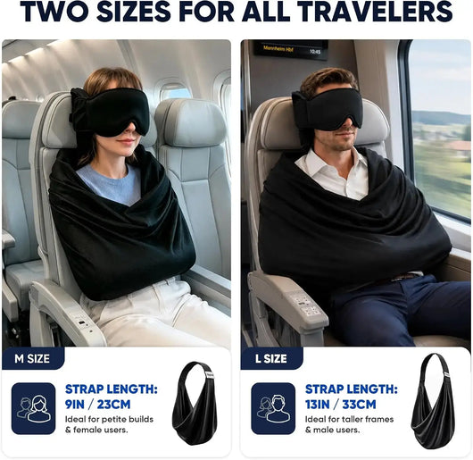 Woman using a black sleeping mask and neck pillow for comfort while flying.