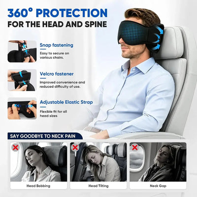 Travel comfort accessories set with a black adjustable sleep mask, neck pillow, and pouch.